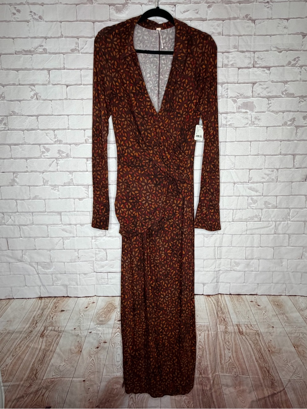 Free People NWT Printed Long Sleeve Maxi Dress Chocolate Brown XL